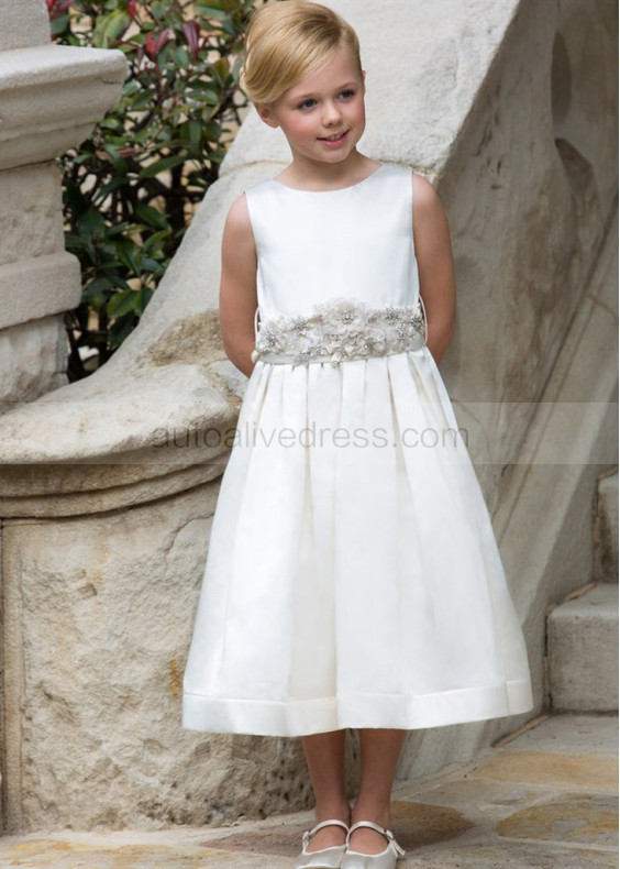 Ivory Satin Flower Girl Dress With Beaded Flower Sash Ivory Satin Flower Girl Dress With Beaded Flower Sash
